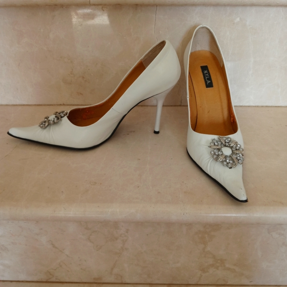 New White Jeweled Stilettos, 7.5